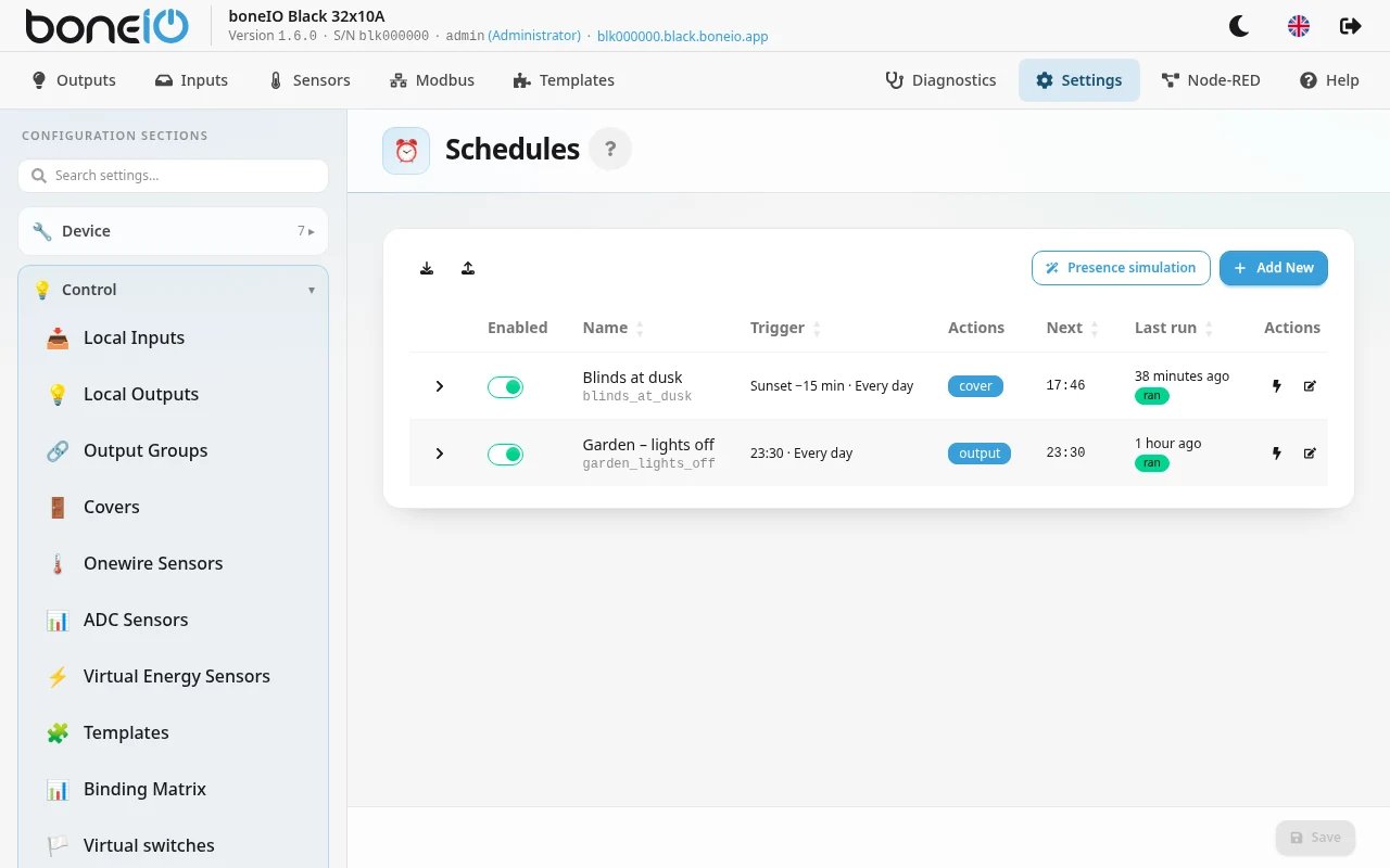 Settings → Control → Schedules, table with a few schedules and the Next / Last run columns