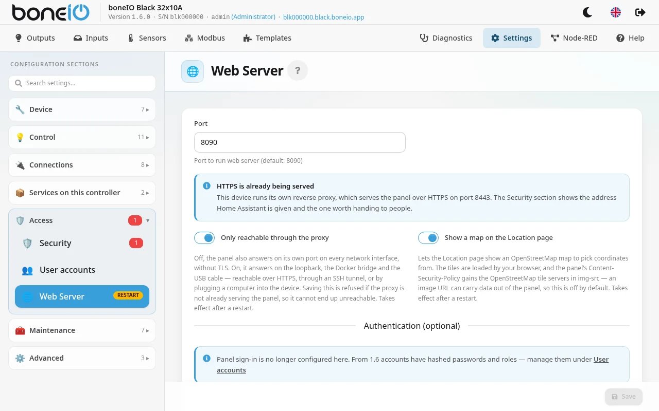 Settings → Access → Web Server in 1.6