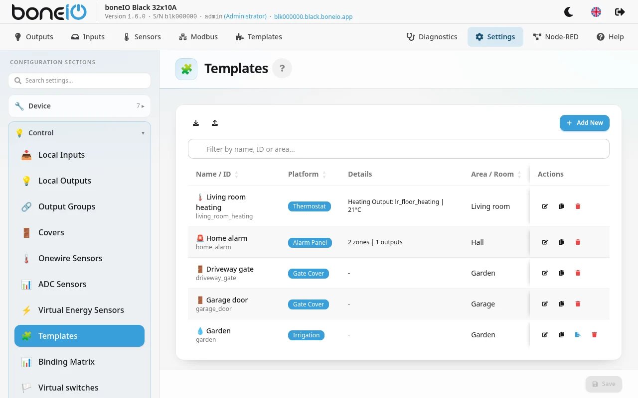 Settings → Control → Templates with one thermostat, one alarm panel, one gate and one irrigation controller