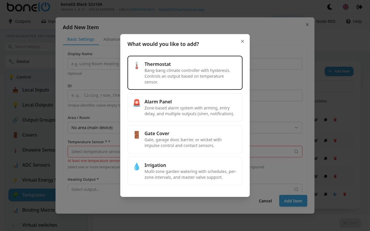 Settings → Control → Templates, the "What would you like to add?" window with the four kinds