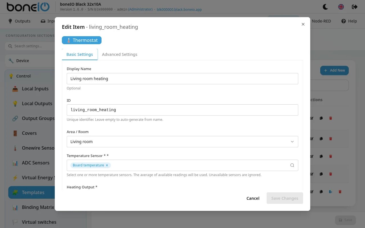 Thermostat form with Basic Settings open: a temperature sensor selected