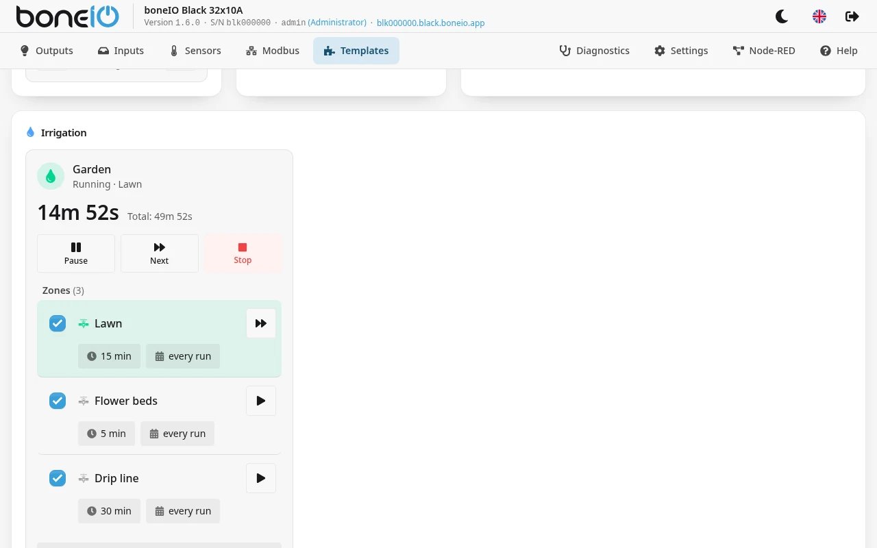Irrigation tile on the Templates page while a zone is running, with the countdown