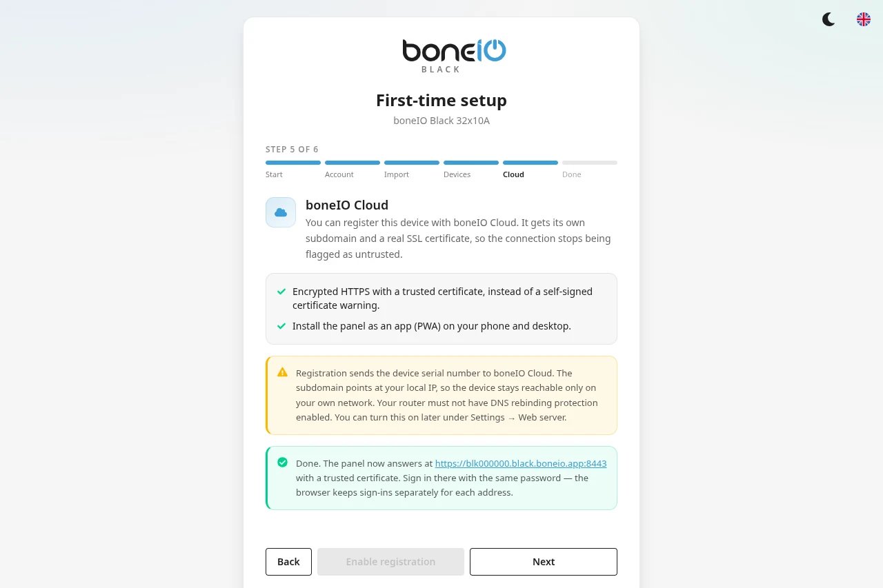 Cloud step after Enable registration, with the panel's new address