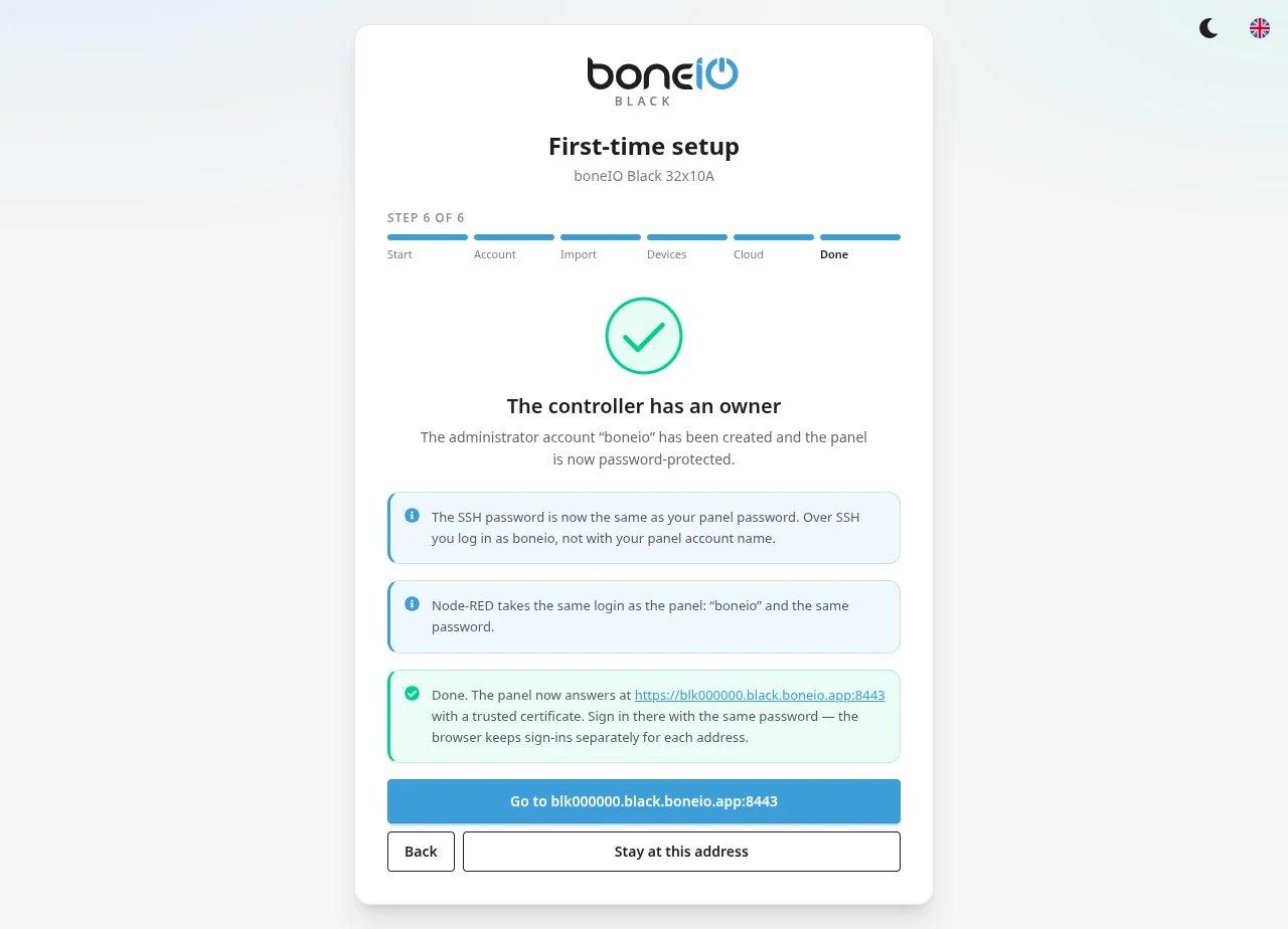 Done step after cloud registration, with "Go to blk….black.boneio.app:8443" and "Stay at this address"