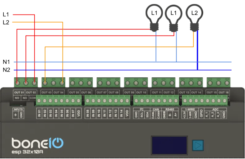 Graficzny schemat podłączenia dwóch obwodów do wspólnego COM