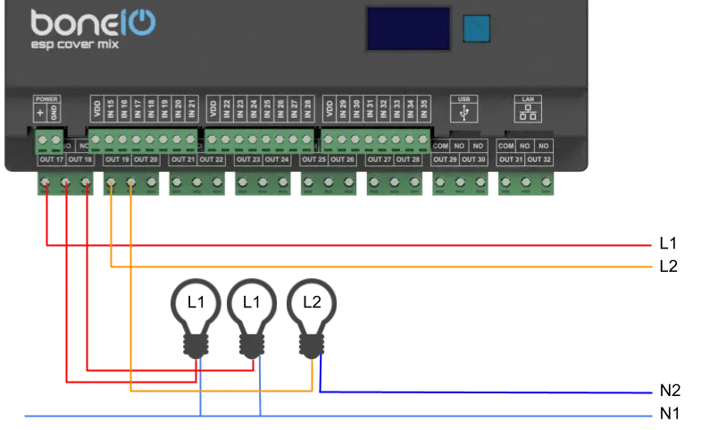 Schemat podłączenia dwóch obwodów oświetleniowych