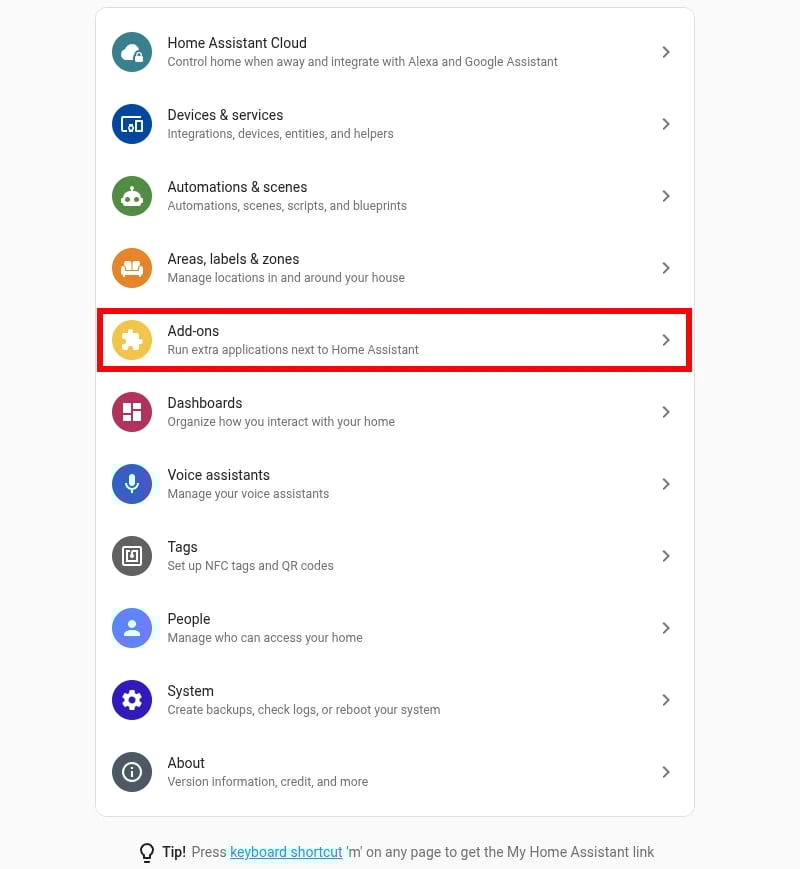 Nawigacja do dodatków w Home Assistant