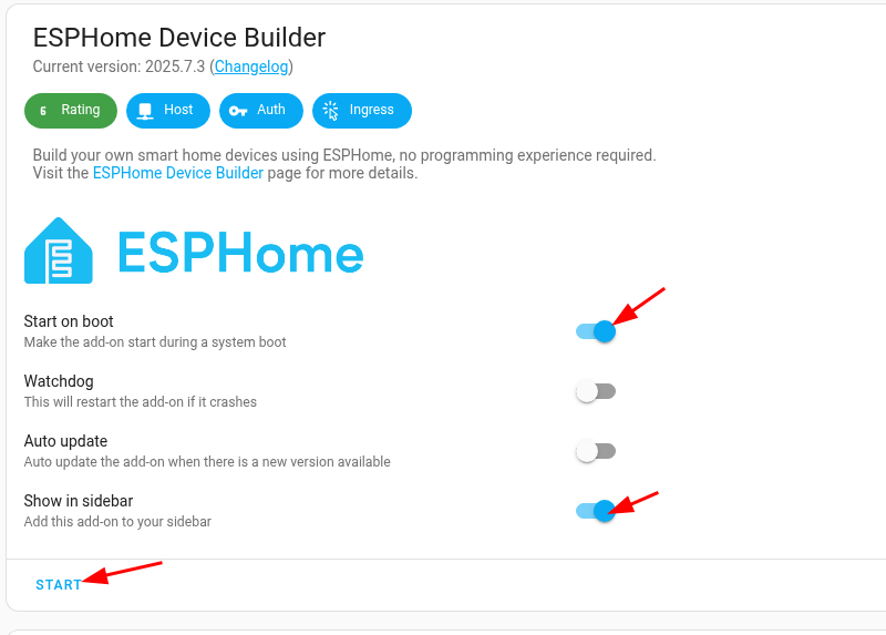 Konfiguracja startu i paska bocznego ESPHome