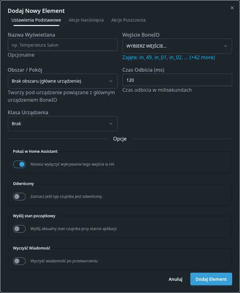 Widok menu Czujniki binarne