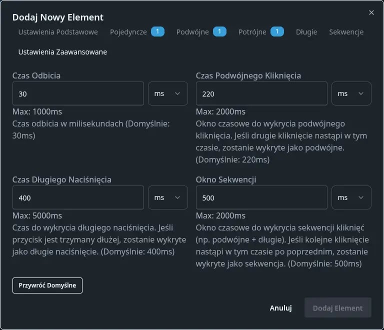 Widok menu Czujniki binarne