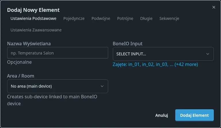 Widok menu Czujniki binarne