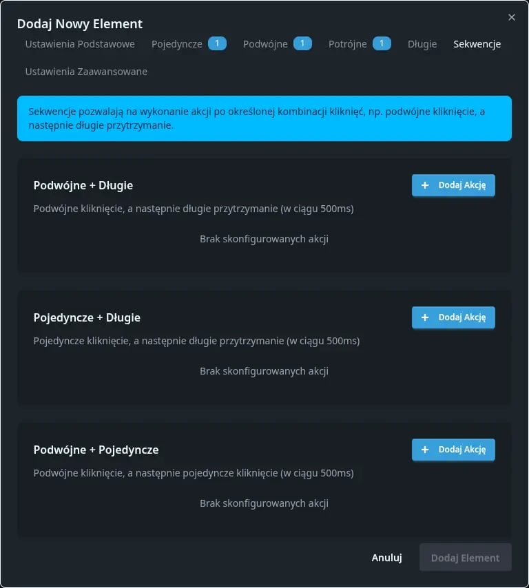 Widok menu Czujniki binarne