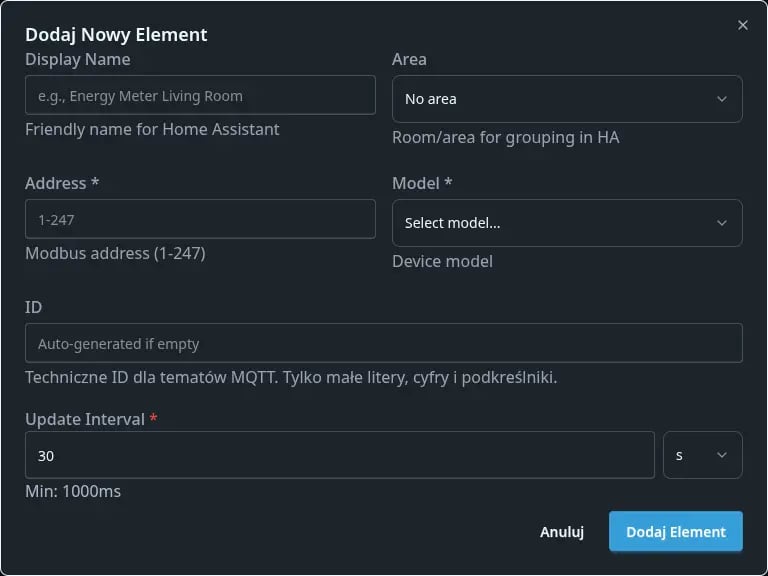 Dodawanie urządzenia Modbus