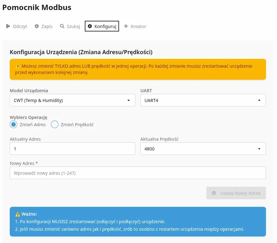 Widok menu Czujniki binarne