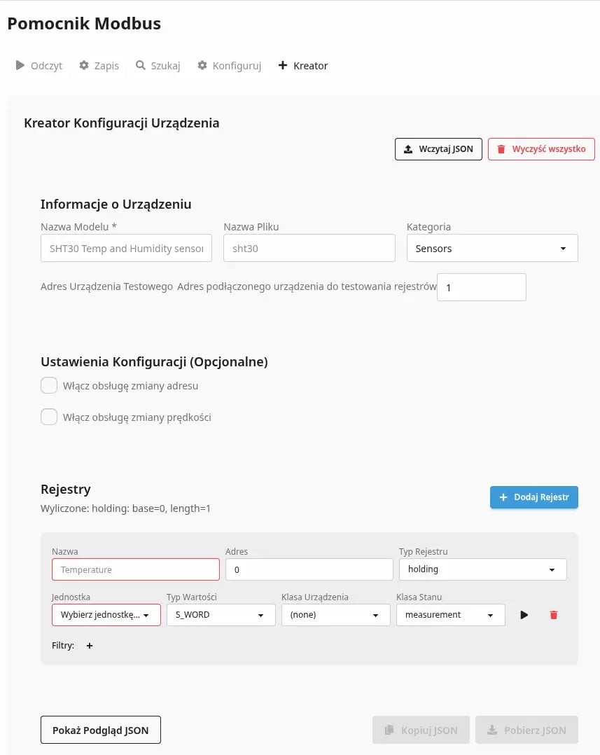 Widok menu Czujniki binarne