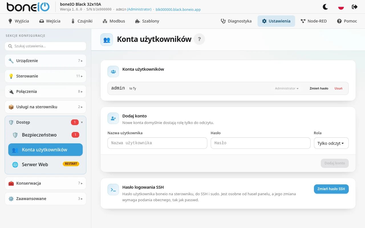 Konta użytkowników, karta Hasło logowania SSH z przyciskiem Zmień hasło SSH