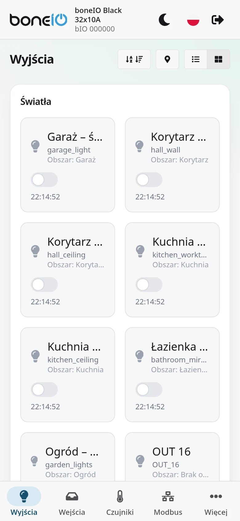 Telefon, widok Wyjścia z dolnym paskiem: Wyjścia, Wejścia, Czujniki, Modbus, Więcej