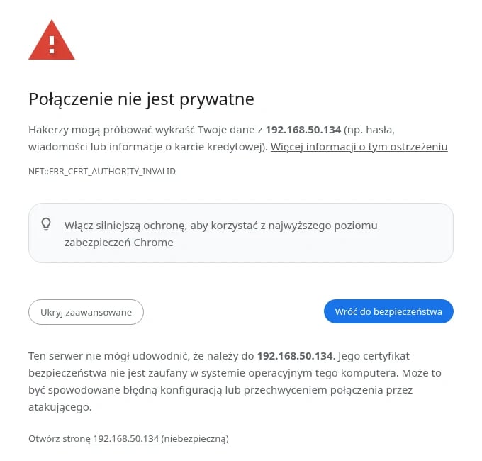 Chrome „Połączenie nie jest prywatne” z rozwiniętym „Zaawansowane”