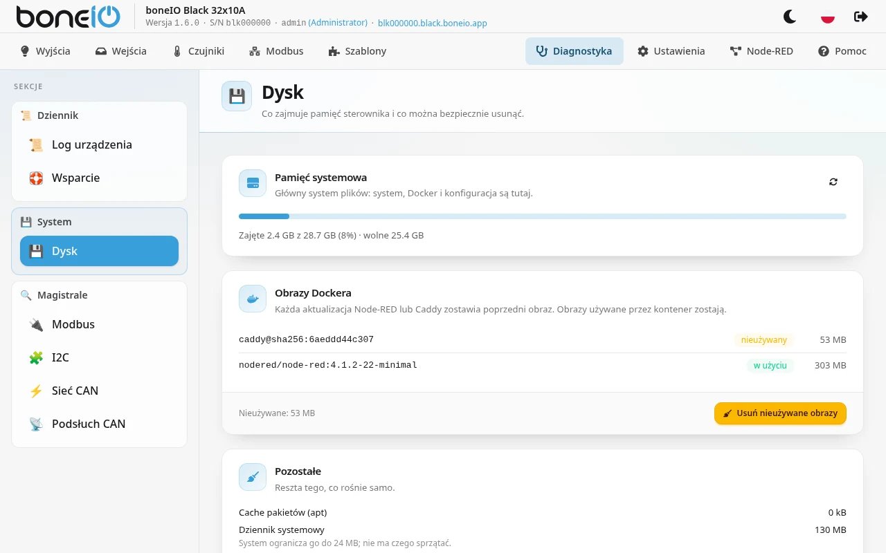 Diagnostyka → System → Dysk: pasek Pamięć systemowa, Obrazy Dockera z oznaczeniami w użyciu / nieużywany, Pozostałe