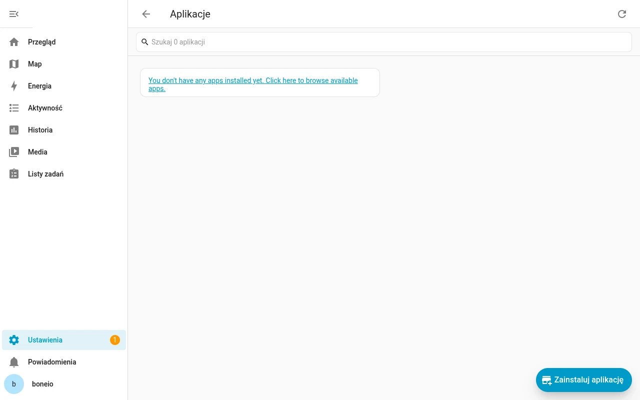 Home Assistant: pusta lista Aplikacje