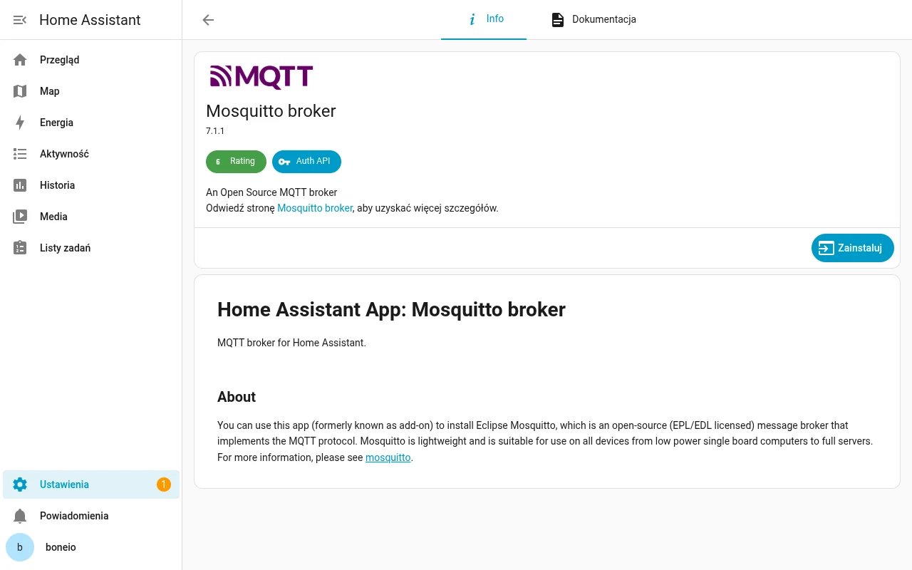 Home Assistant: strona aplikacji Mosquitto broker przed instalacją
