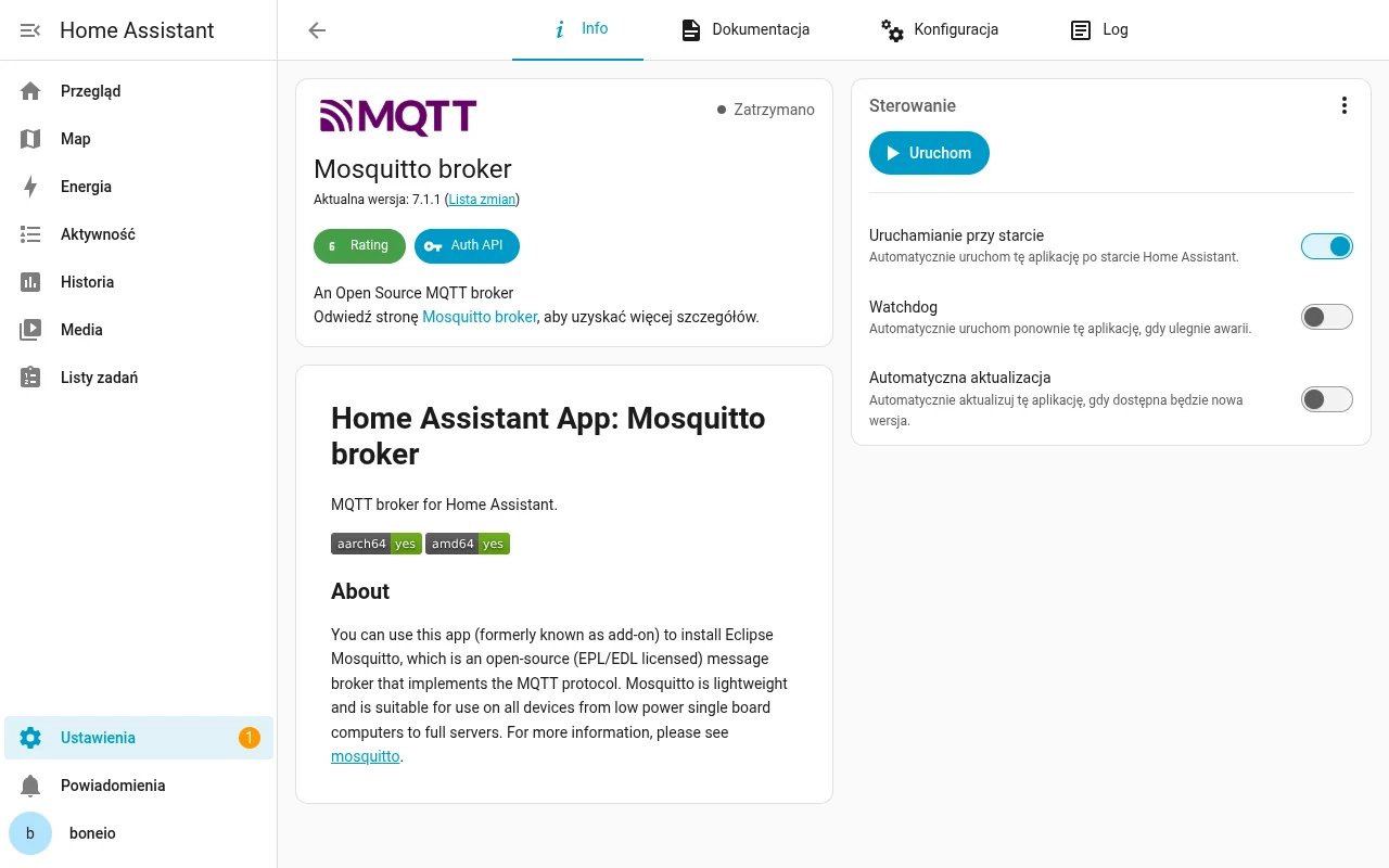 Home Assistant: Mosquitto broker zainstalowany, przycisk Uruchom