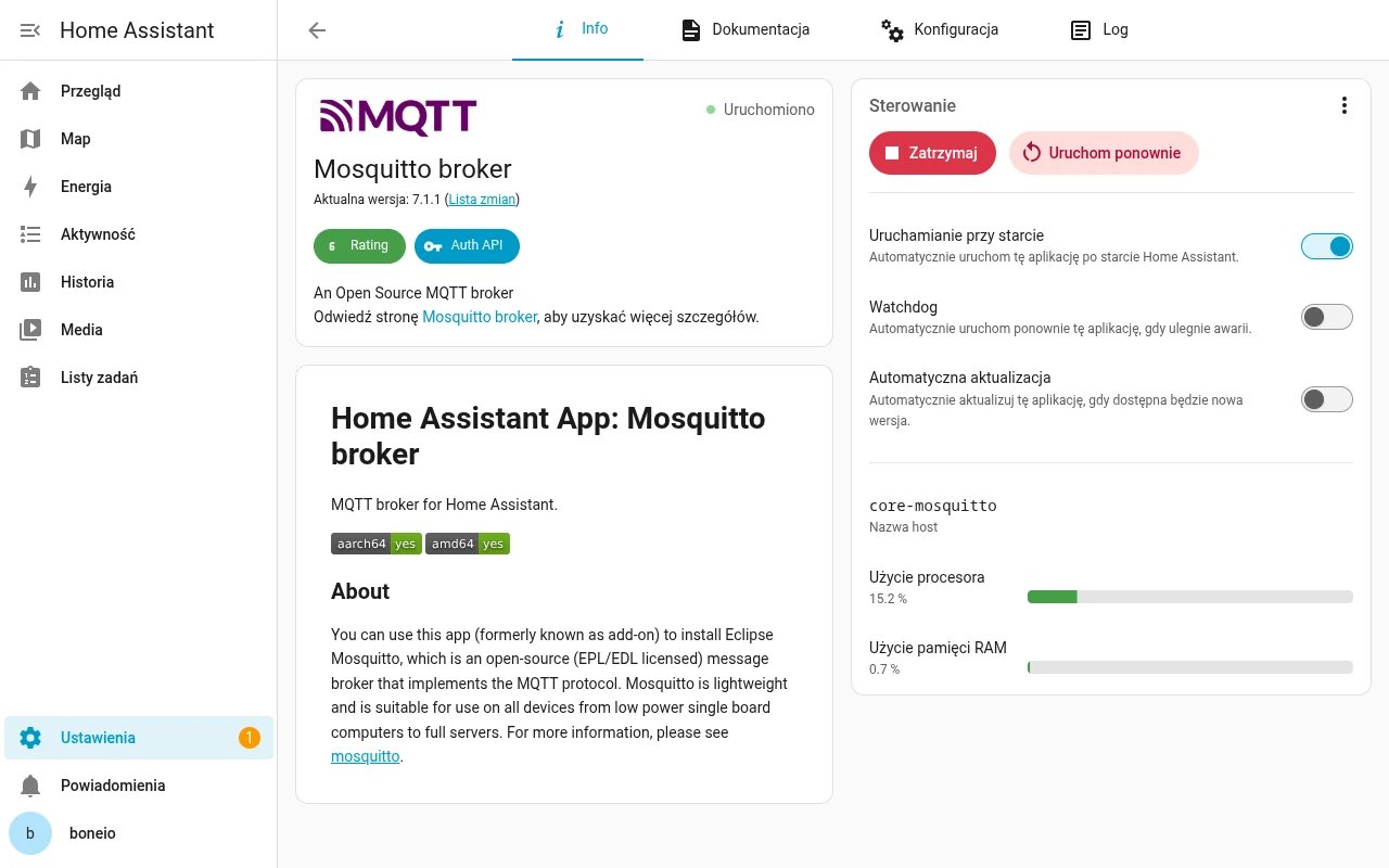 Home Assistant: Mosquitto broker uruchomiony