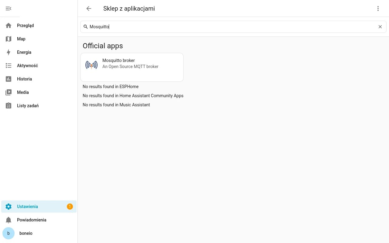 Home Assistant: Sklep z aplikacjami, wynik Mosquitto broker