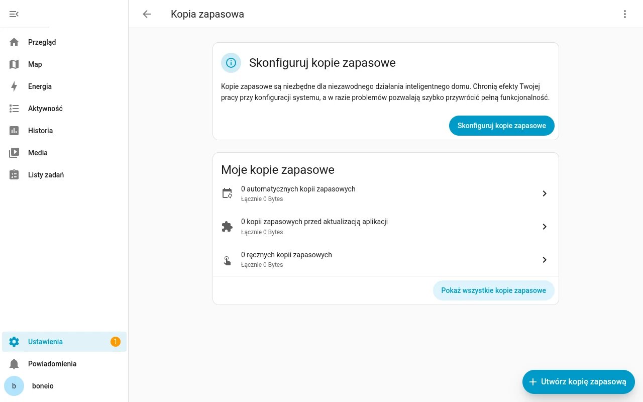 Home Assistant: strona Kopia zapasowa z przyciskiem Skonfiguruj kopie zapasowe