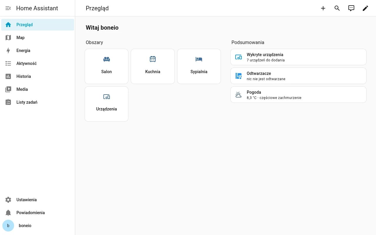 Pierwszy pulpit Home Assistant z obszarami i podsumowaniami