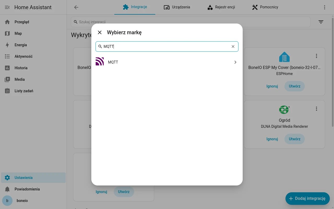Home Assistant: wyszukiwanie MQTT w oknie Wybierz markę