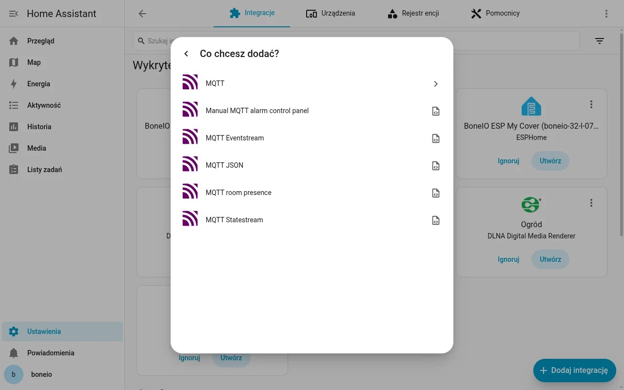 Home Assistant: lista Co chcesz dodać? z integracją MQTT na górze