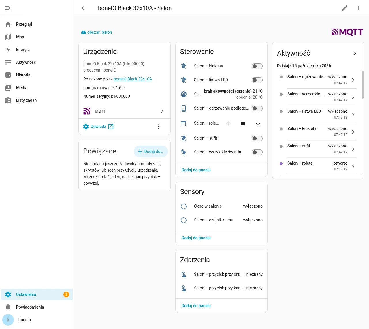 Home Assistant: urządzenie boneIO Black 32x10A - Salon z encjami