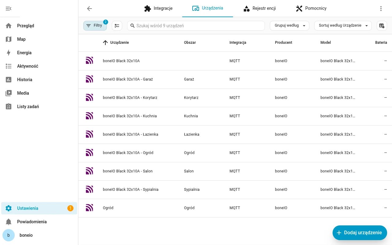 Home Assistant: lista urządzeń boneIO Black z obszarami