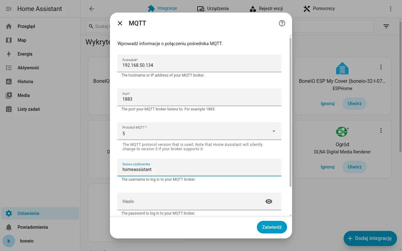 Home Assistant: formularz połączenia z brokerem MQTT na sterowniku
