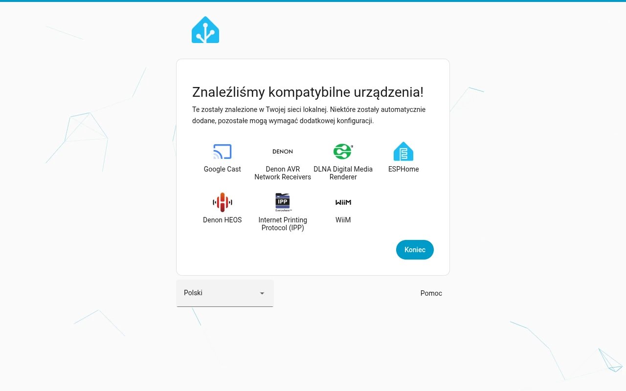 Kreator Home Assistant: krok Znaleźliśmy kompatybilne urządzenia z listą wykrytych integracji