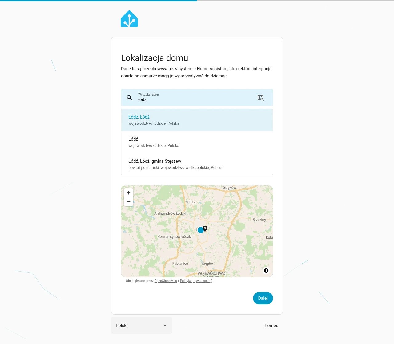 Kreator Home Assistant: krok Lokalizacja domu z wyszukiwaniem adresu i mapą