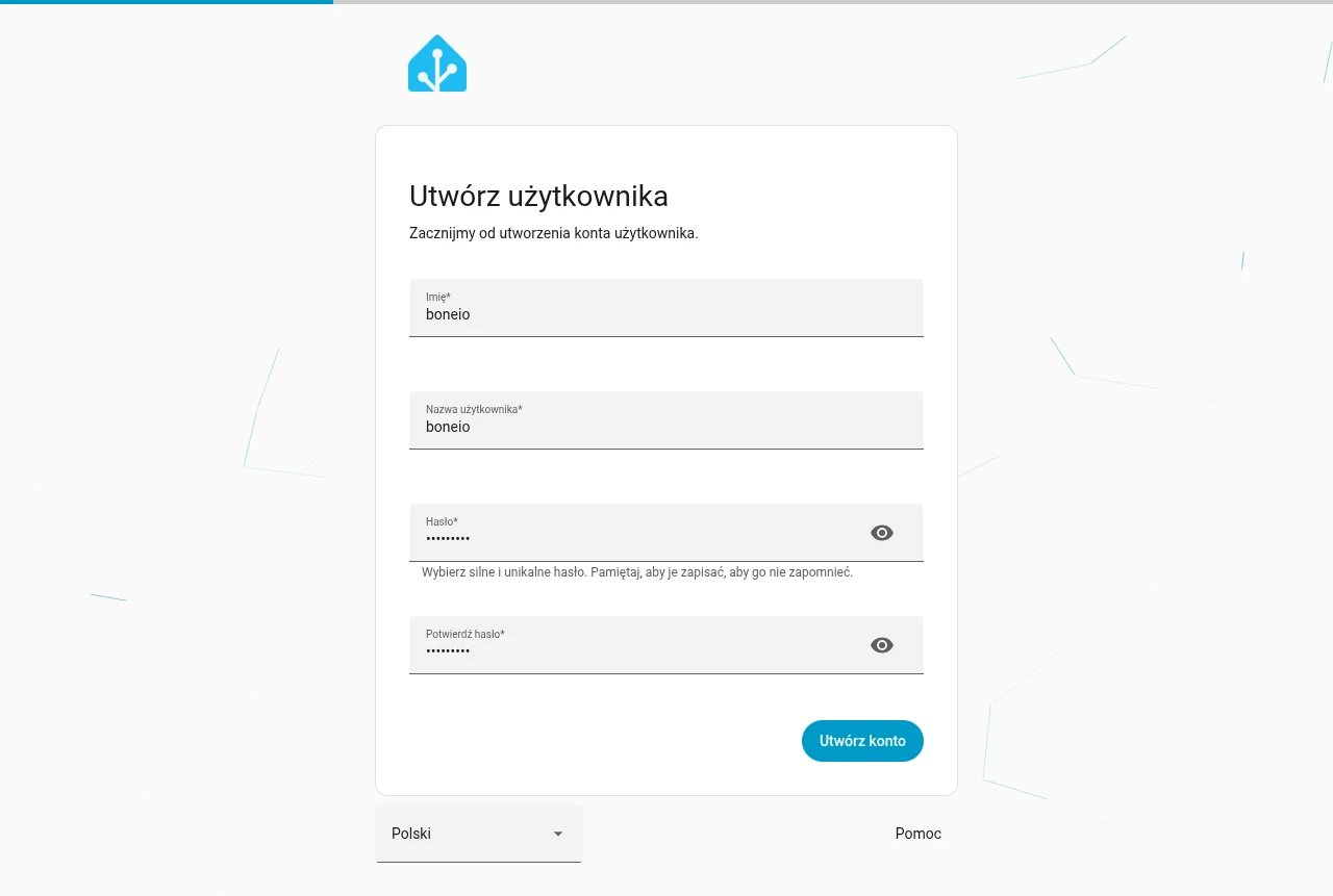 Kreator Home Assistant: krok Utwórz użytkownika z wypełnionymi polami