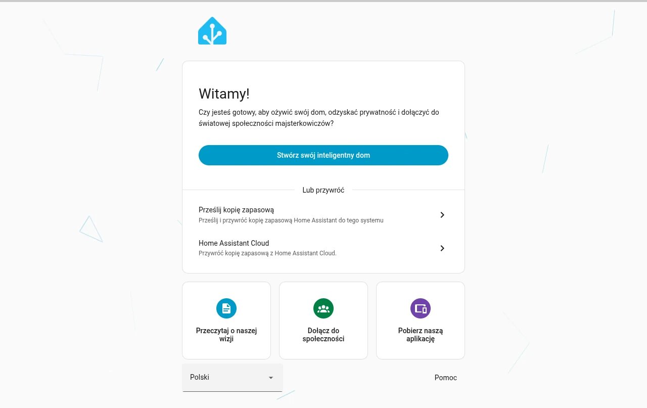 Kreator Home Assistant: ekran Witamy! z przyciskiem Stwórz swój inteligentny dom