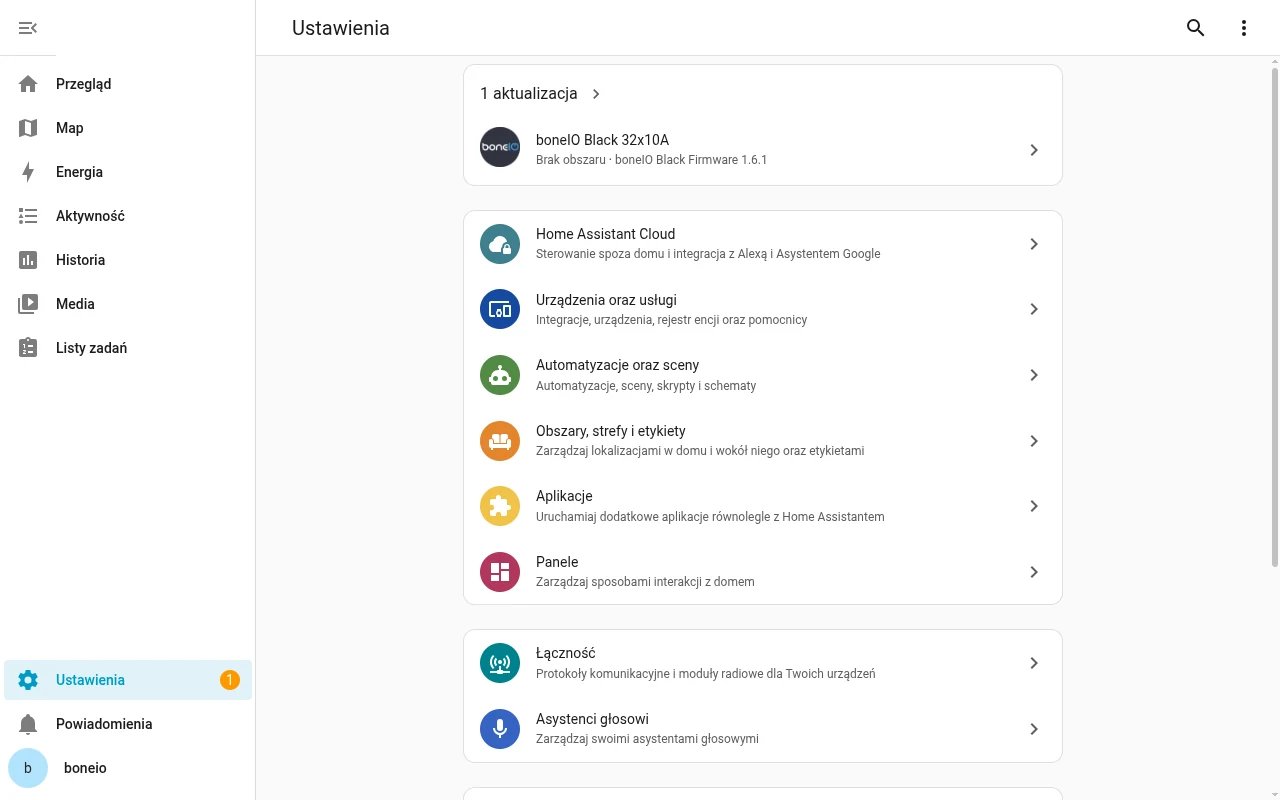 Home Assistant: Ustawienia z aktualizacją boneIO Black Firmware na górze
