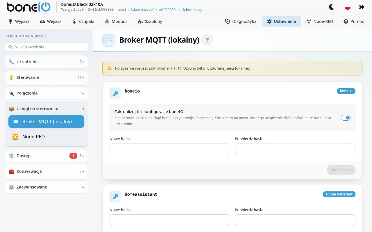 Ustawienia → Usługi na sterowniku → Broker MQTT (lokalny), lista użytkowników z przełącznikiem „Zaktualizuj też konfigurację boneIO”