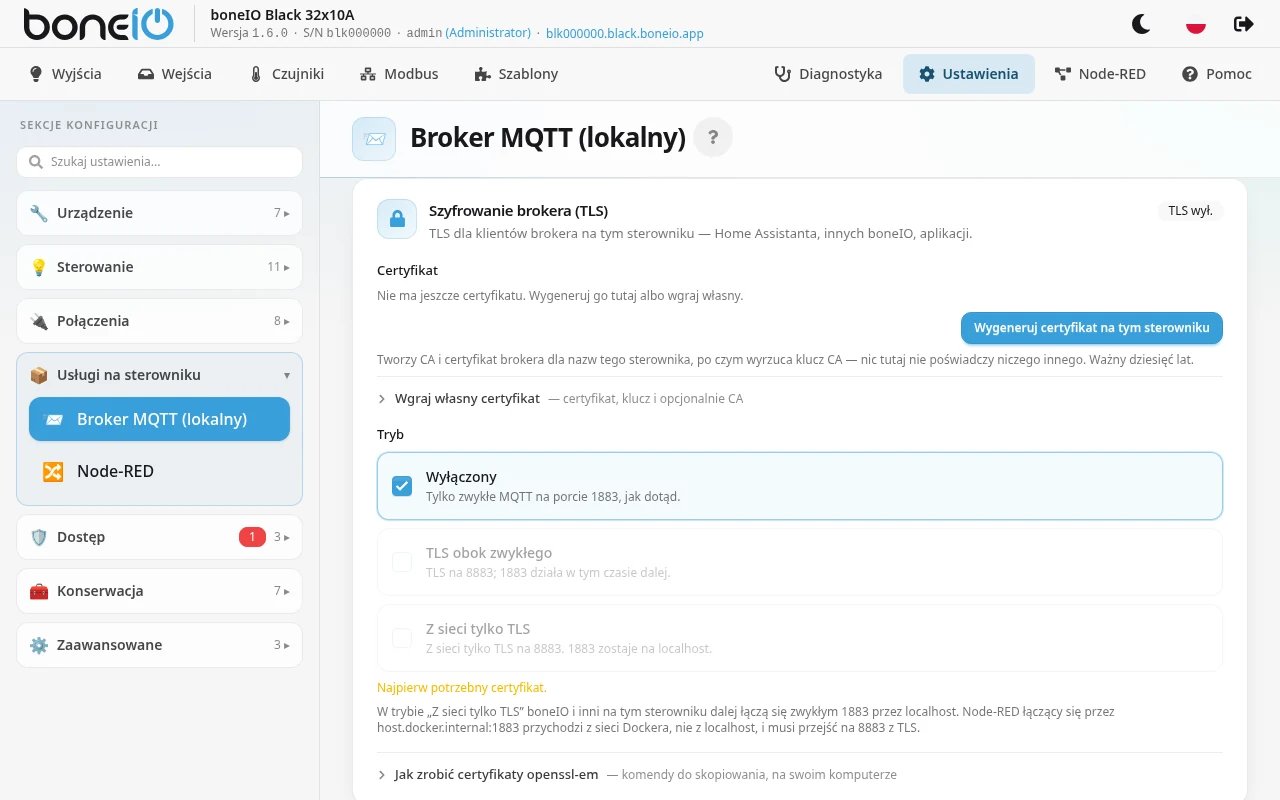 Ustawienia → Usługi na sterowniku → Broker MQTT (lokalny), karta Szyfrowanie brokera (TLS) z certyfikatem, listą „Ważny dla” i trzema trybami