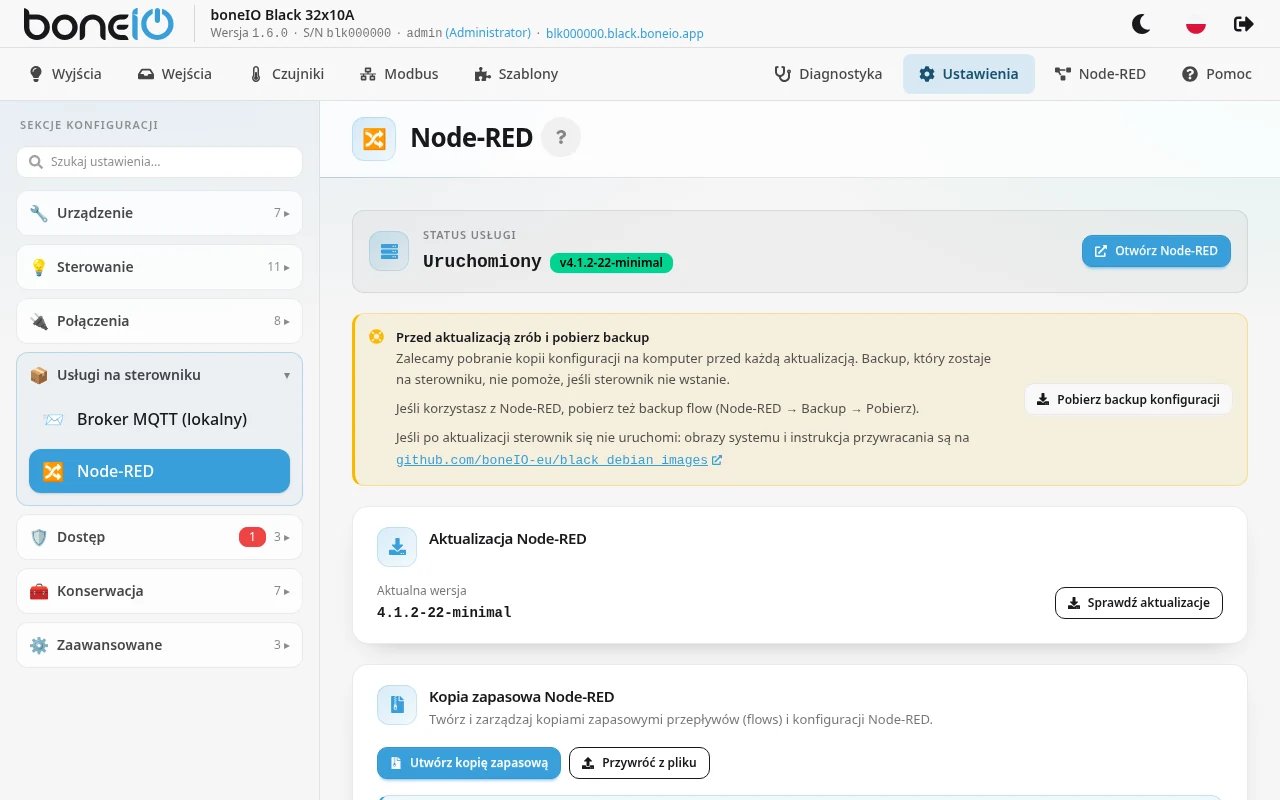 Ustawienia → Usługi na sterowniku → Node-RED, karta Aktualizacja Node-RED