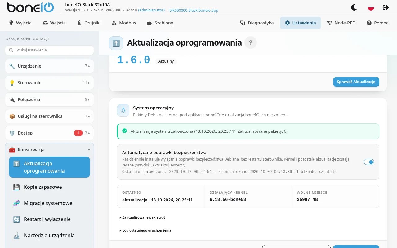 Aktualizacja oprogramowania → karta System operacyjny po sprawdzeniu, z liczbą pakietów i szacowanym czasem