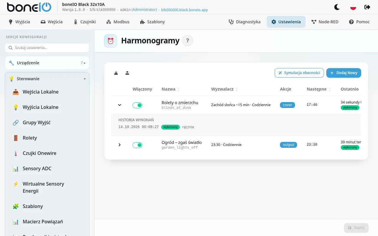 Rozwinięty wiersz harmonogramu z historią wykonań