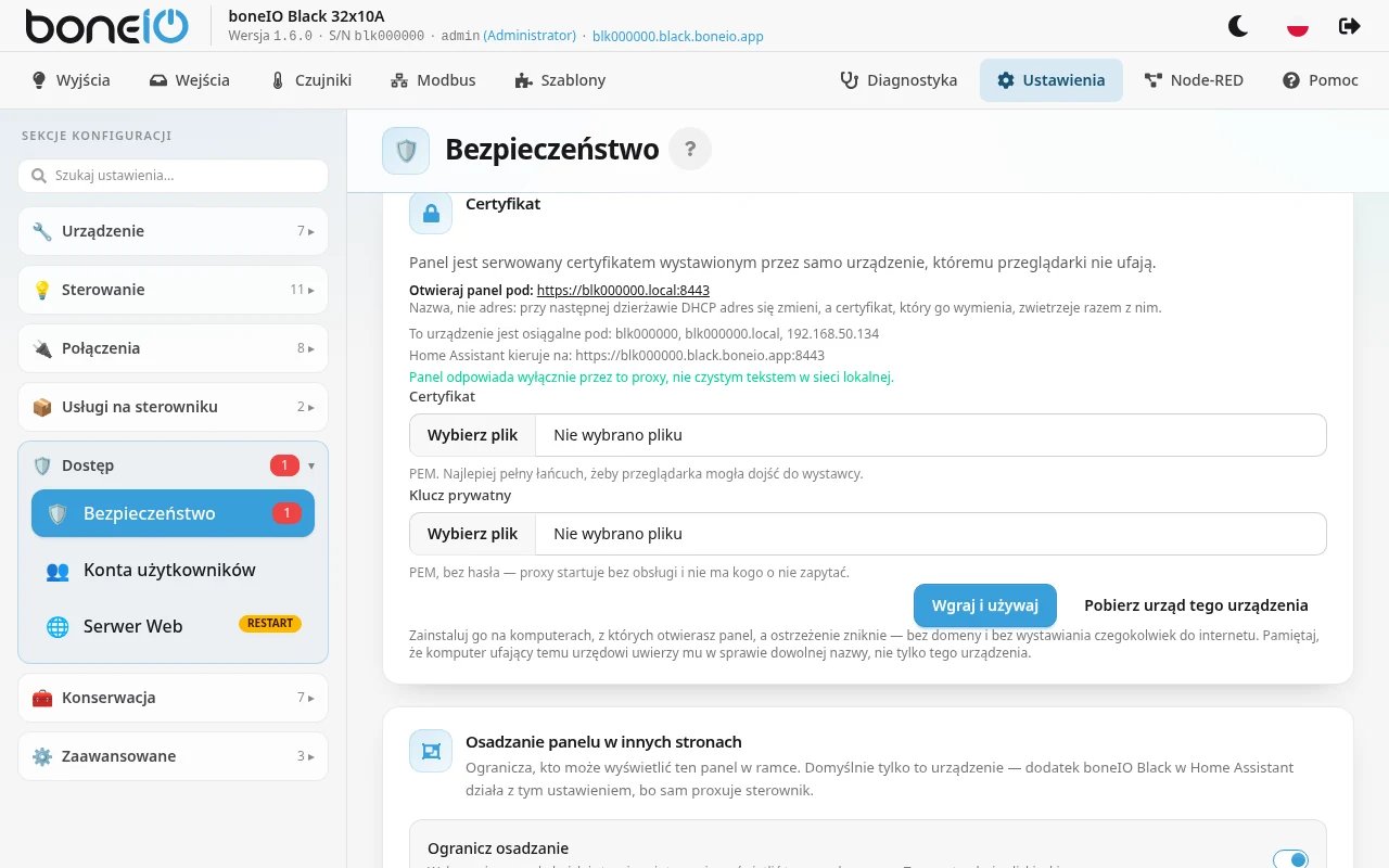 Ustawienia → Dostęp → Bezpieczeństwo, karta Certyfikat z „Otwieraj panel pod” i przyciskiem pobierania