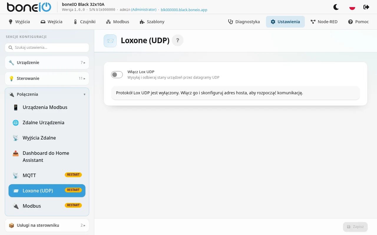 Ustawienia → Połączenia → Loxone (UDP)