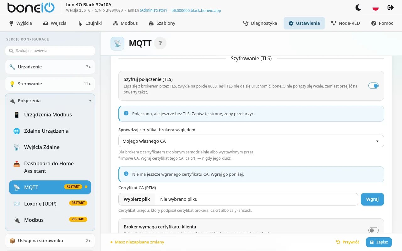 Ustawienia → Połączenia → MQTT, włączona część Szyfrowanie (TLS) z wybranym „Mojego własnego CA” i widocznym wgranym CA