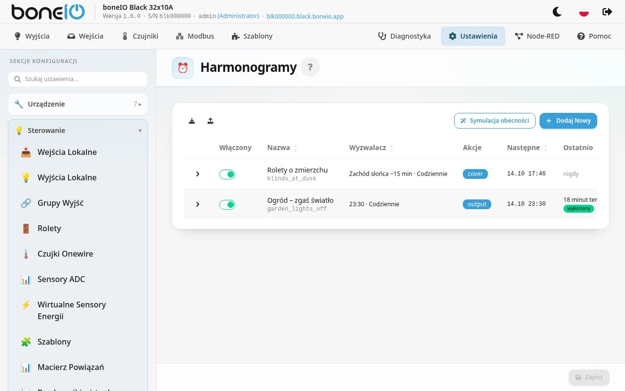 Ustawienia → Sterowanie → Harmonogramy, tabela z kilkoma harmonogramami i kolumnami Następne / Ostatnio