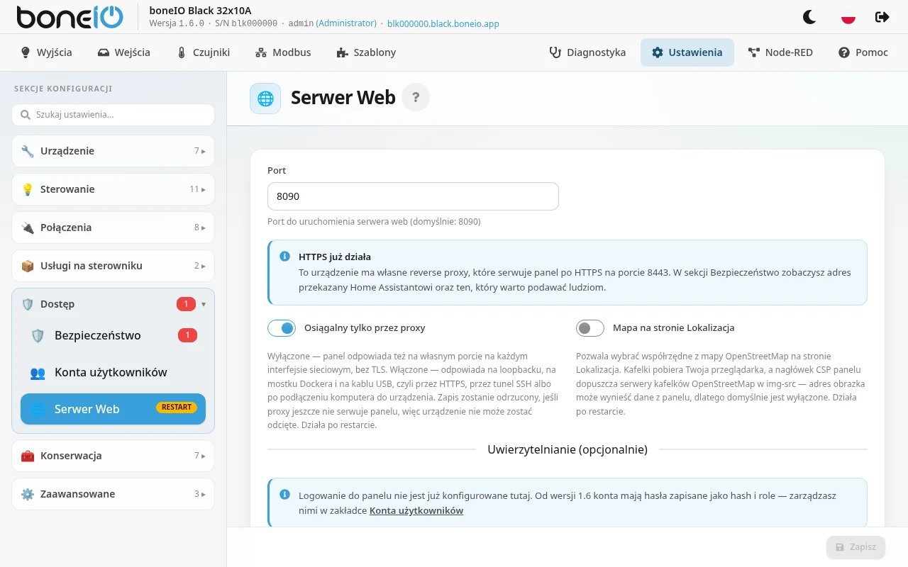 Ustawienia → Dostęp → Serwer Web w 1.6